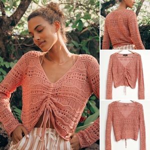 Lulus Crochet-Style Ruched Sweater Top, Rose, Size L